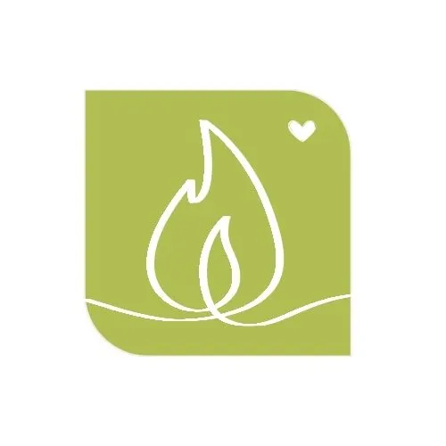 A white background with green square leaf shape. A white flame image and small heart are inside the green leaf shape